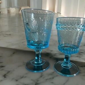 L G Wright WILDFLOWER BLUE 6" Strawberry Currant 6.5”Blue Water Goblet Glass Set